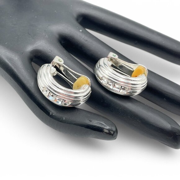 Vintage VENDOME Silver Tone Rhinestone Clip-On Earrings Collectible Designer - Picture 3 of 9